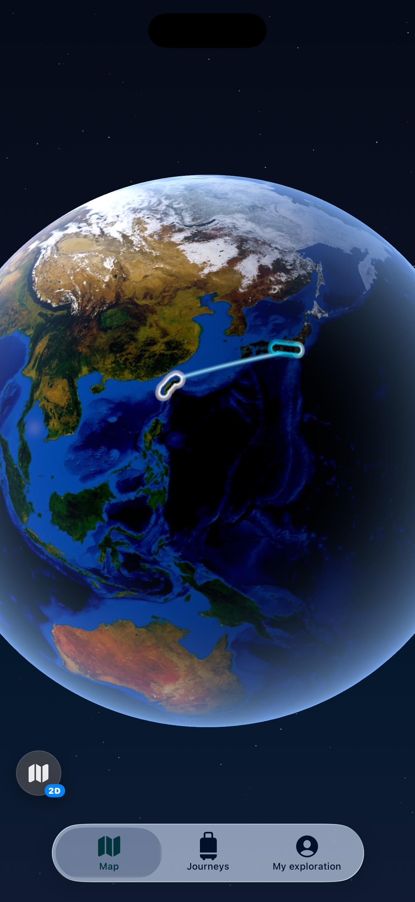 MythExplorer 2.0 globe with a flight arc, visited places and the new bottom navigation
