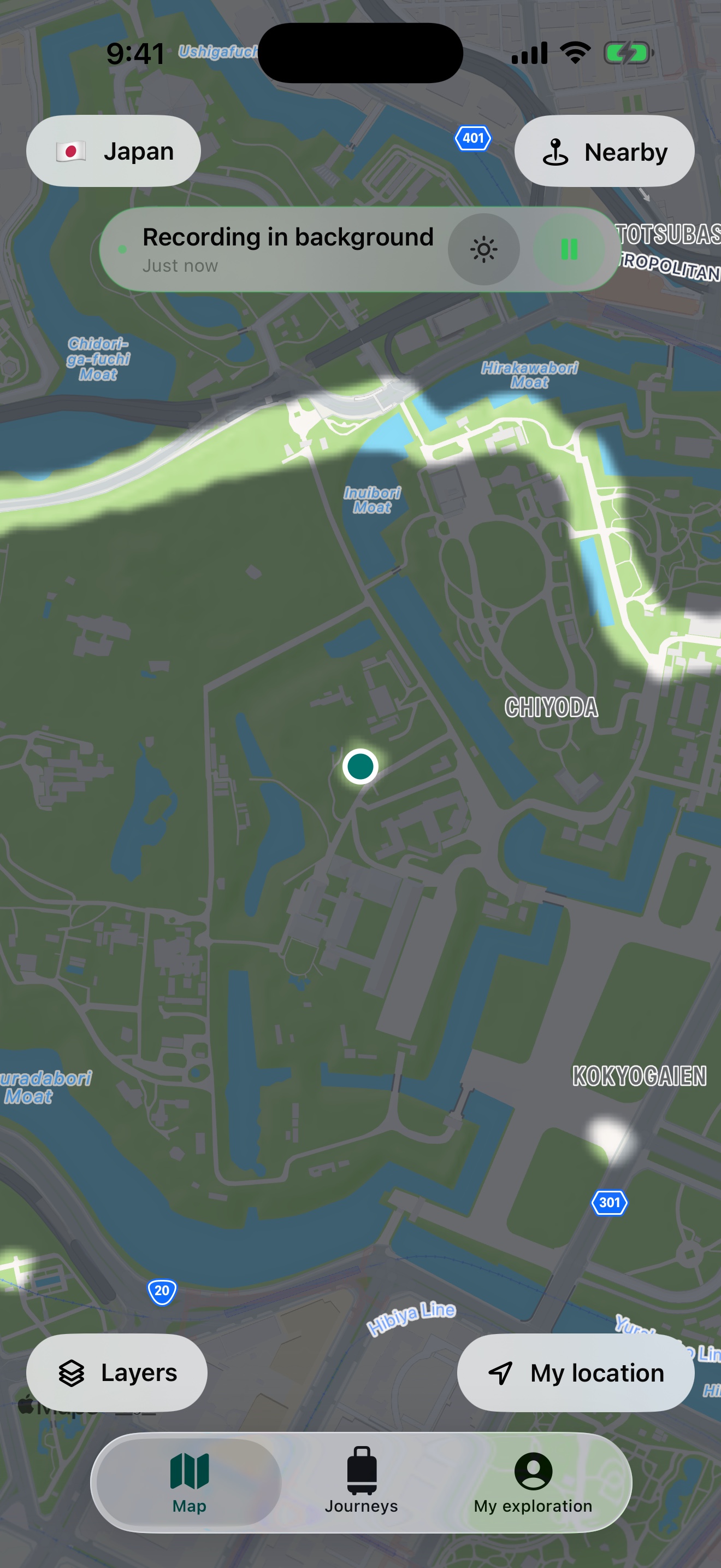 MythExplorer 2.0 Tokyo map with fog cleared around the Imperial Palace and the new bottom navigation