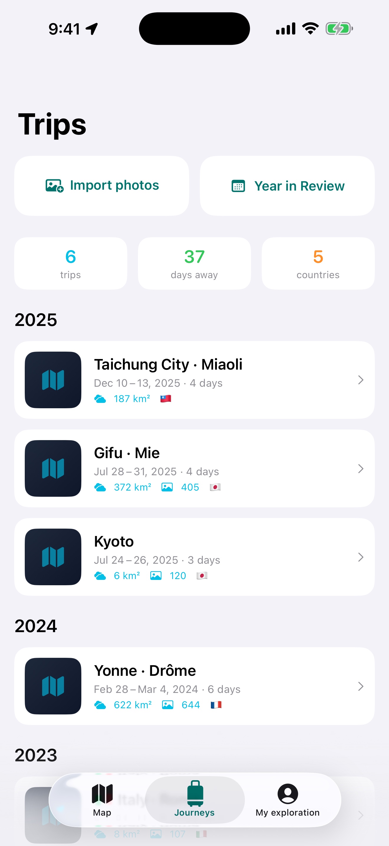 MythExplorer 2.0 Journeys tab showing Import photos, Year in Review and trips grouped by year